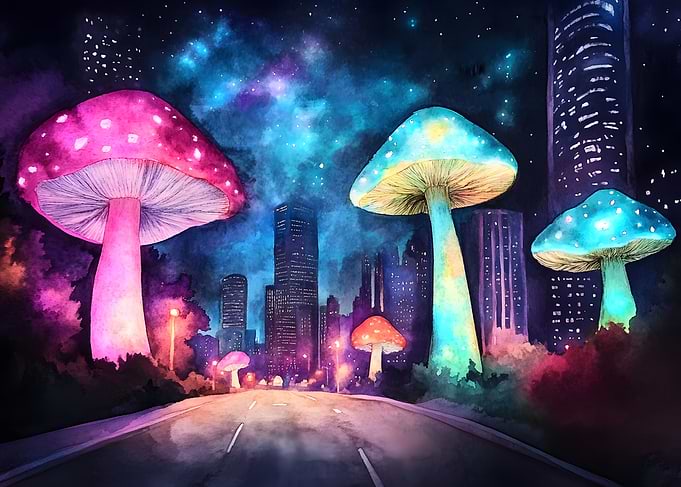 Glowing Mushrooms Cityscape