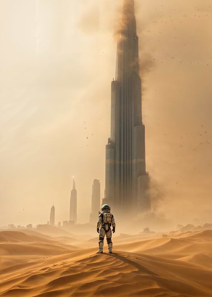 Astronaut in Desert Cityscape
