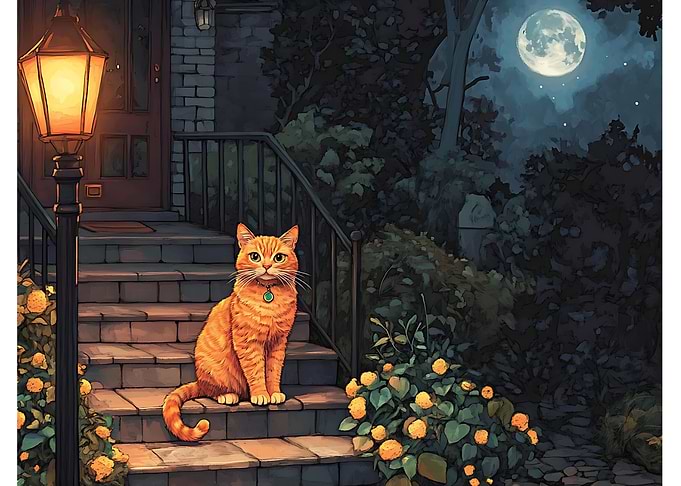 Orange Cat Under The Moonlight