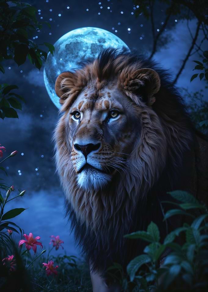Majestic Lion Under Moonlight
