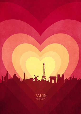 Paris France Skyline Hearts Red Yellow