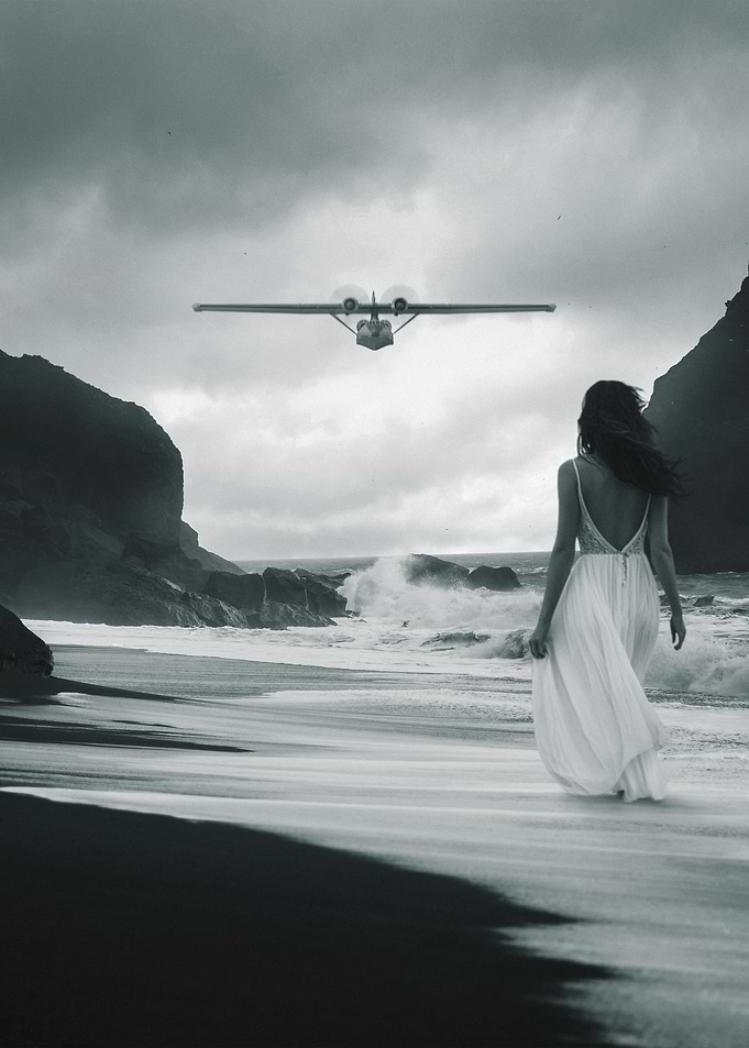 Woman Watching Plane on Beach