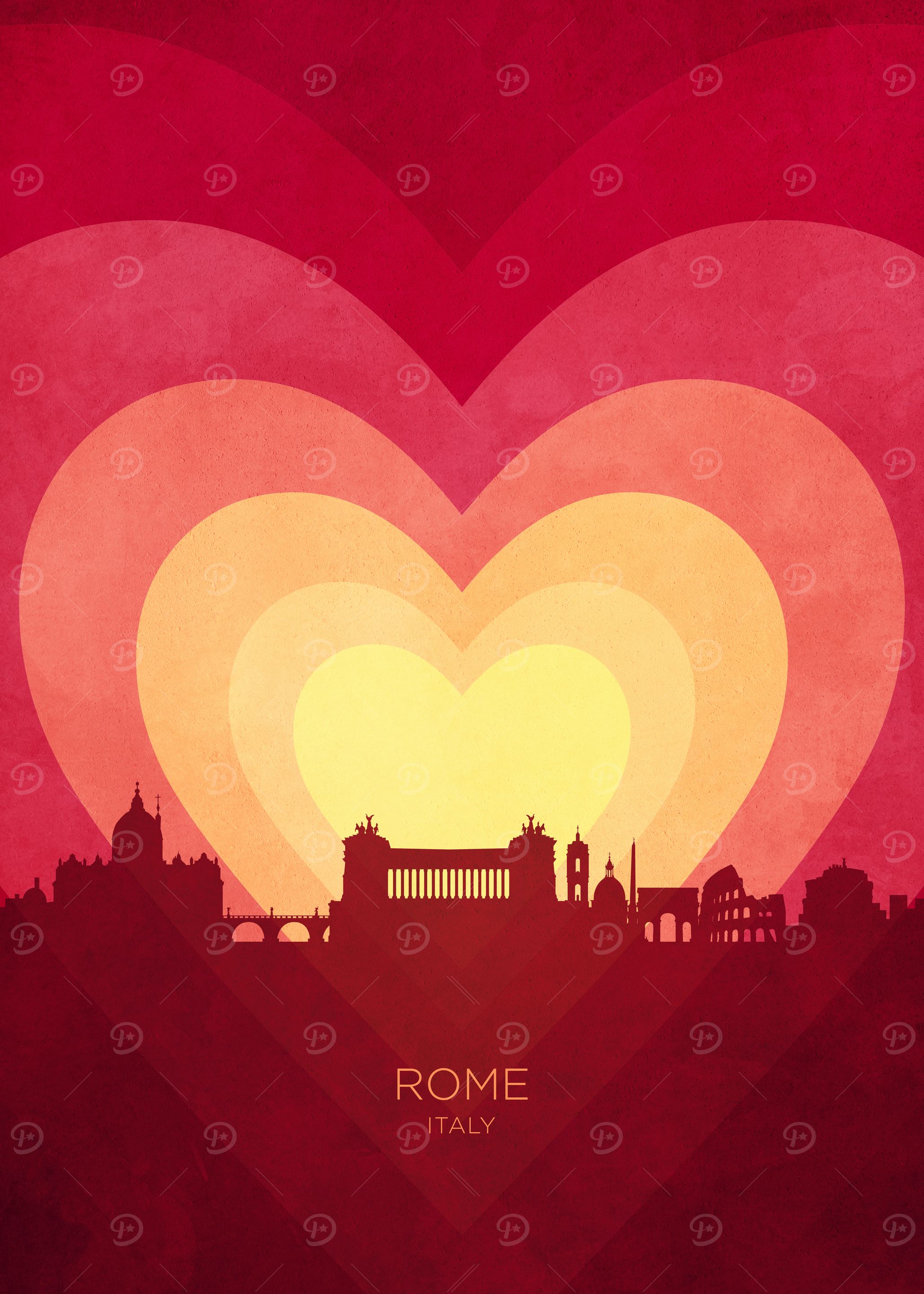 Rome Italy Skyline Hearts Red Yellow