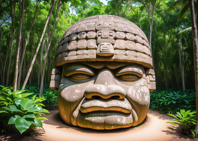 Olmec Stone Head Sculpture in Forest