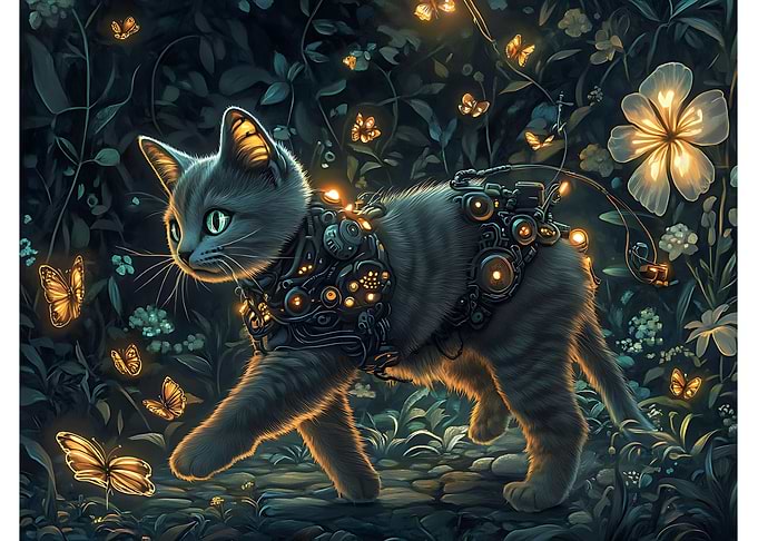 Cute Cybernetic Cat in Forest