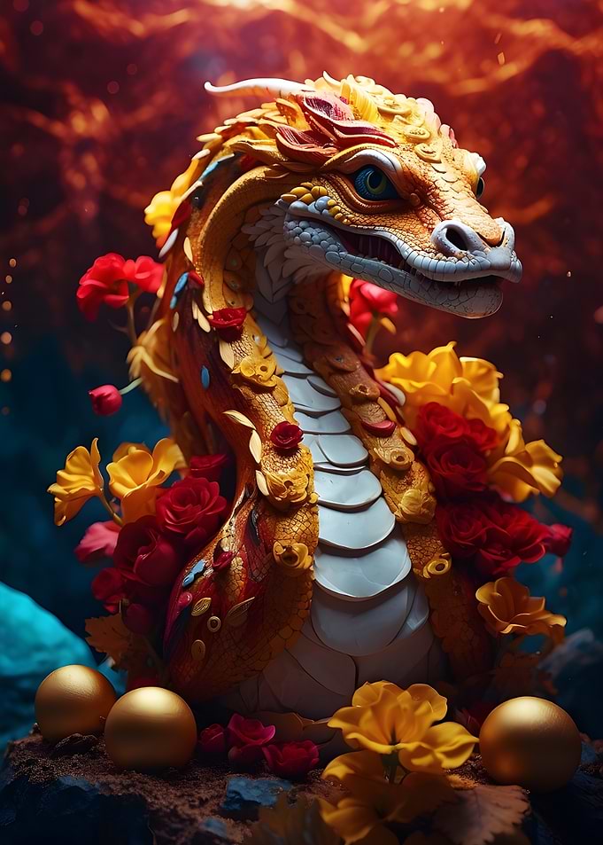 Golden Dragon with Flowers