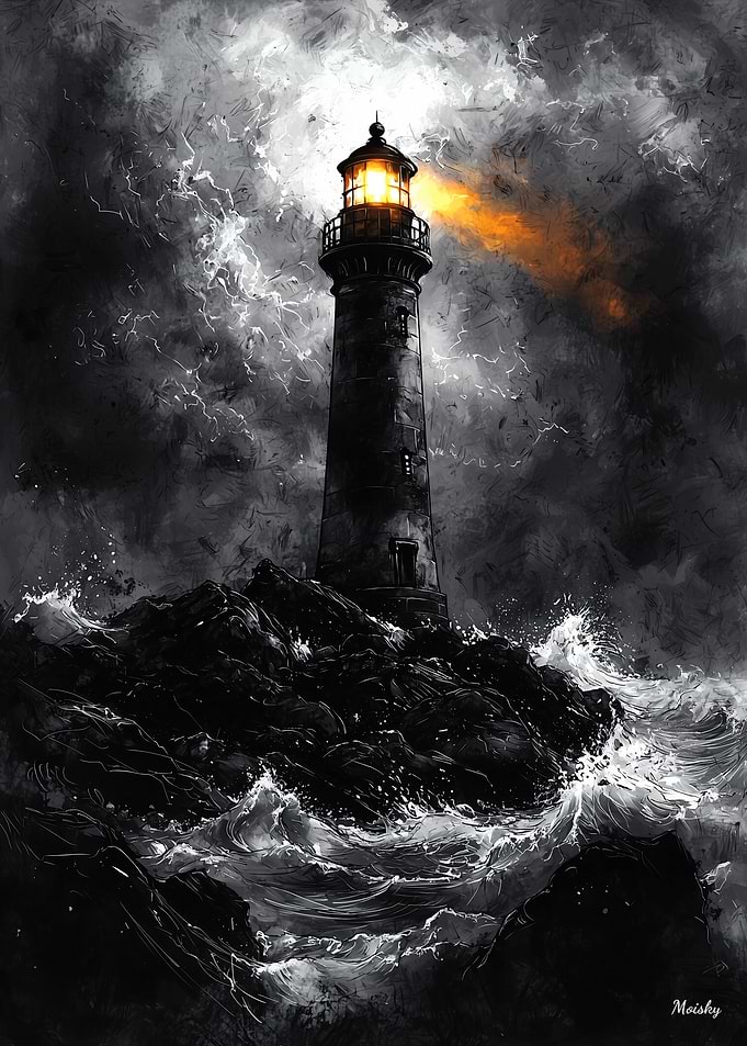 Stormy Lighthouse in Dramatic Monochrome Style