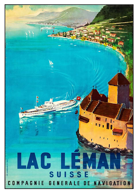 Lac Leman Swiss Travel Poster — retro travel art printed on metal