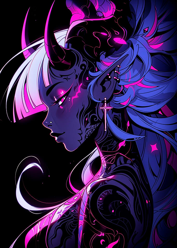 Demon Girl with Pink and Blue Hair