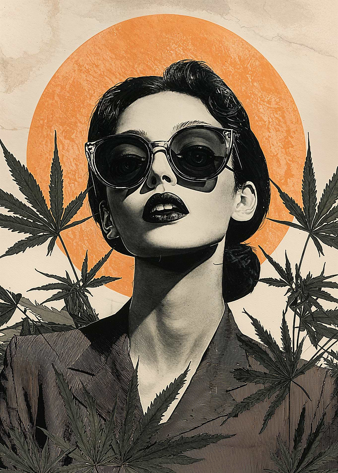 Woman in Sunglasses with Marijuana Leaves