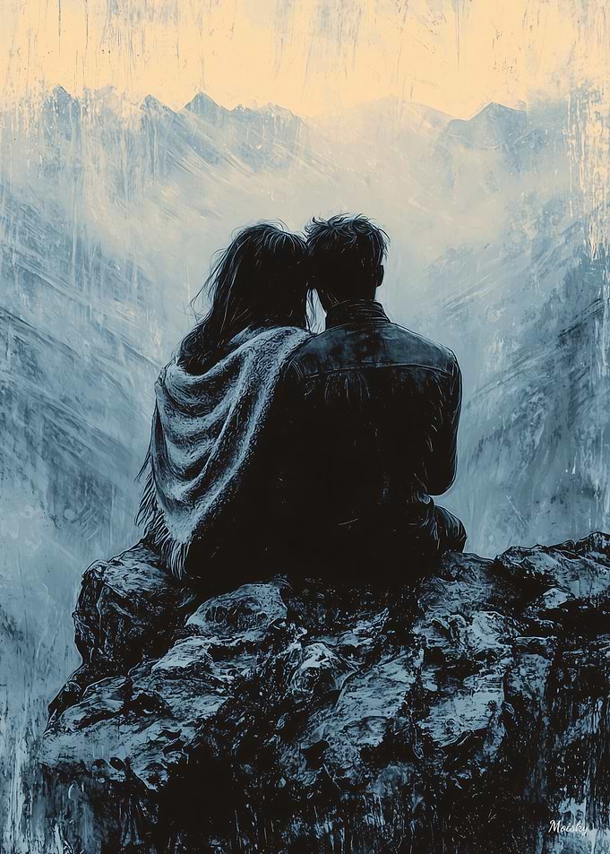 Romantic Couple on Mountaintop in Monochrome Style