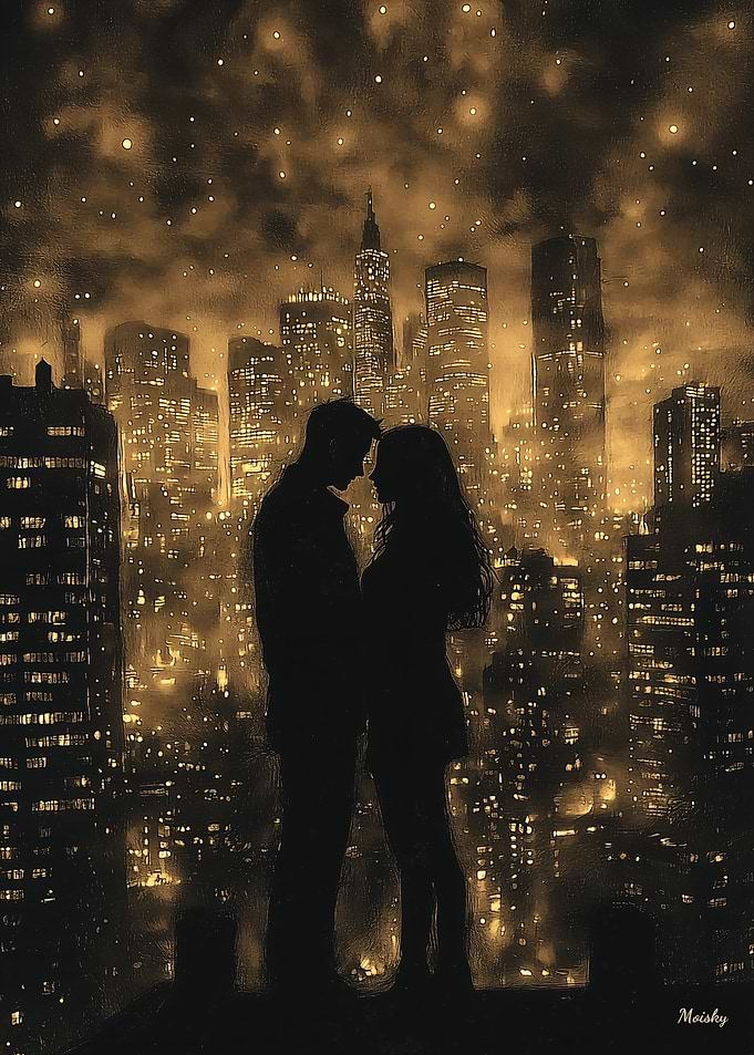 Silhouettes in the City, Couple in Golden Monochrome