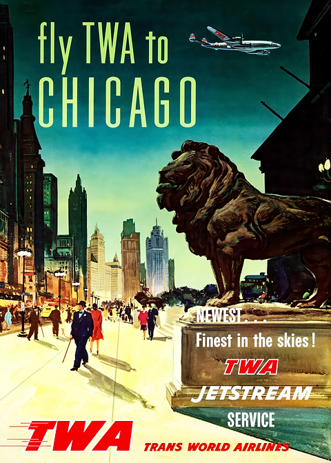 TWA Chicago Travel Poster — retro travel art printed on metal
