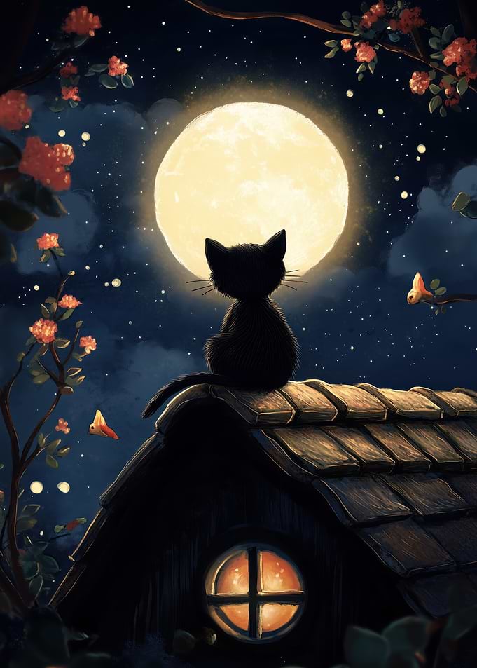 Black Cat Under Full Moon