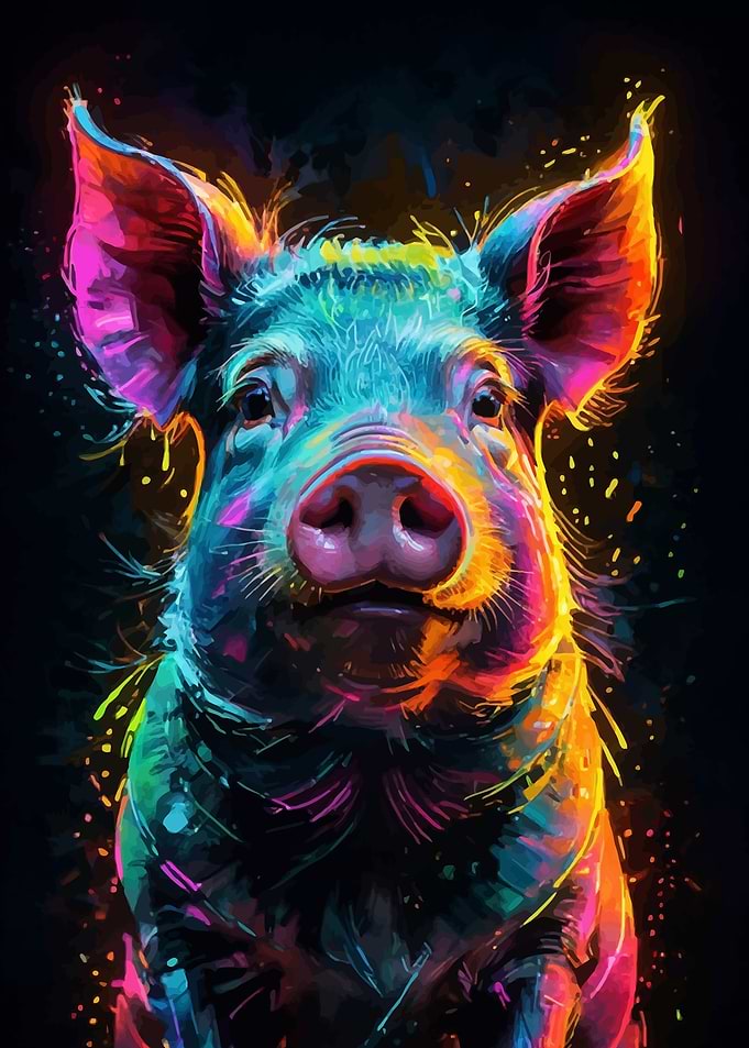 Neon Pig Watercolor Portrait