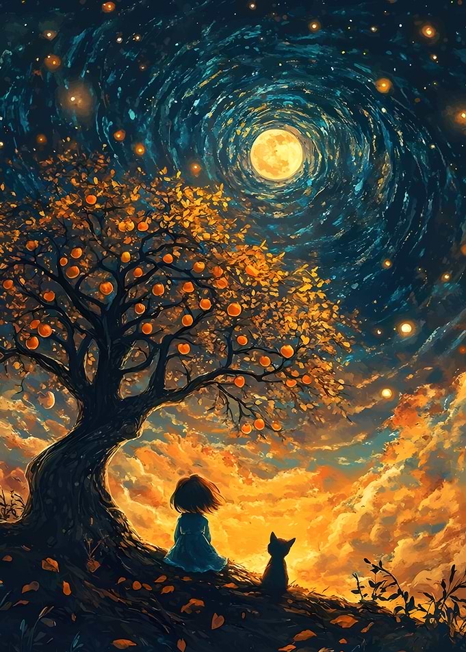 Girl and Cat Under Starry Sky