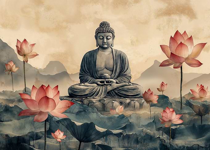 Buddha and Lotus Flowers