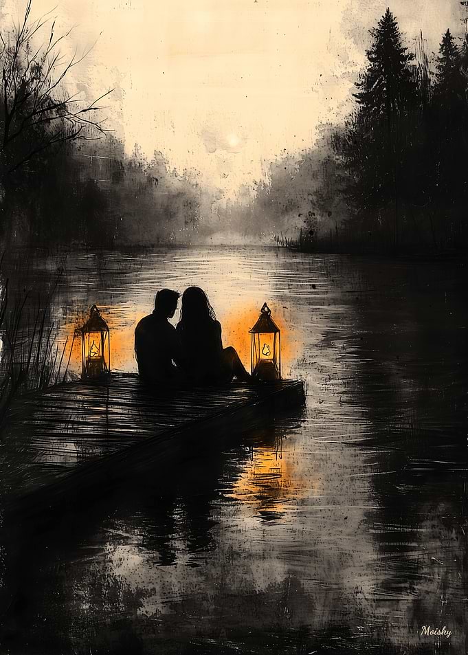 Romantic Lake Sunset in Monochrome Style