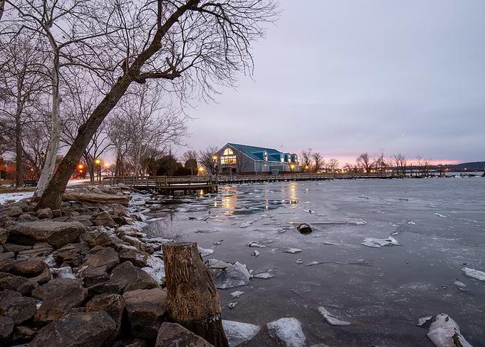 Frozen Waterfront at Dusk