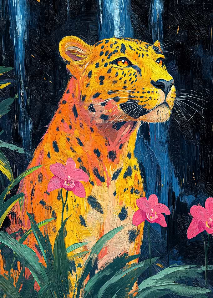 Leopard with Orchids