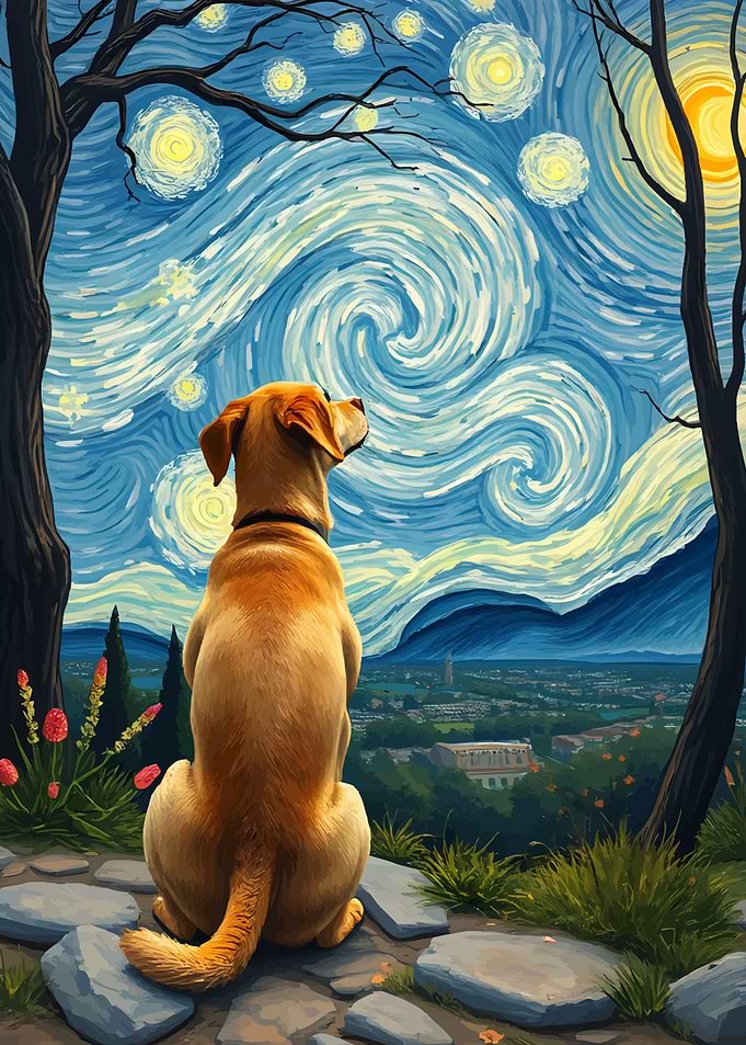 Dog Watching Starry Night van vogh