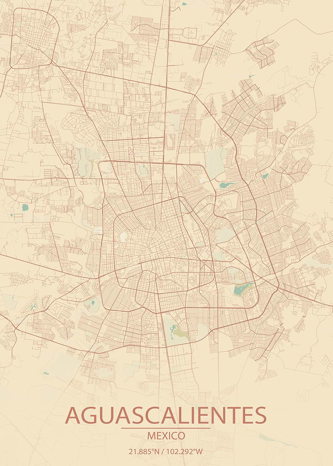 Aguascalientes Mexico Vintage Style City Map