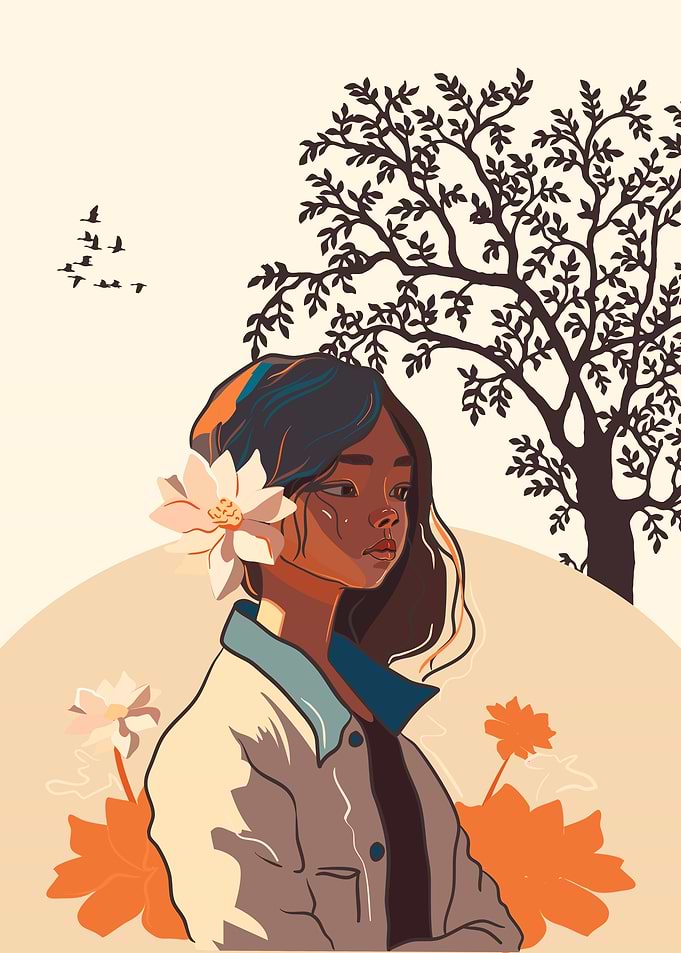 Woman with Flowers and Tree
