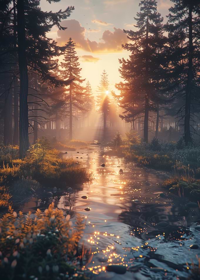 Misty Sunrise Over a Forest Lake