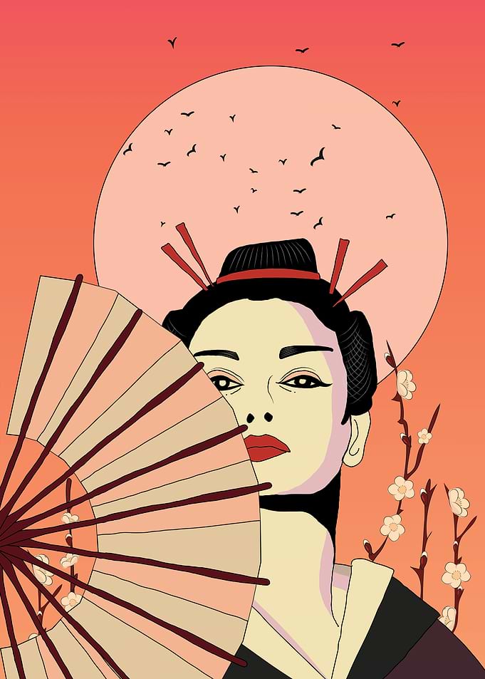 Geisha with Fan and Cherry Blossoms