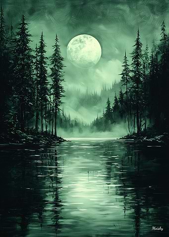 Mystical Forest Moon in Monochrome Green