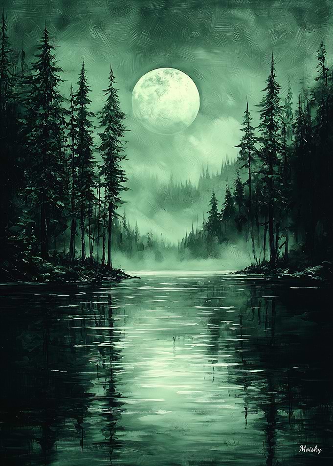 Mystical Forest Moon in Monochrome Green