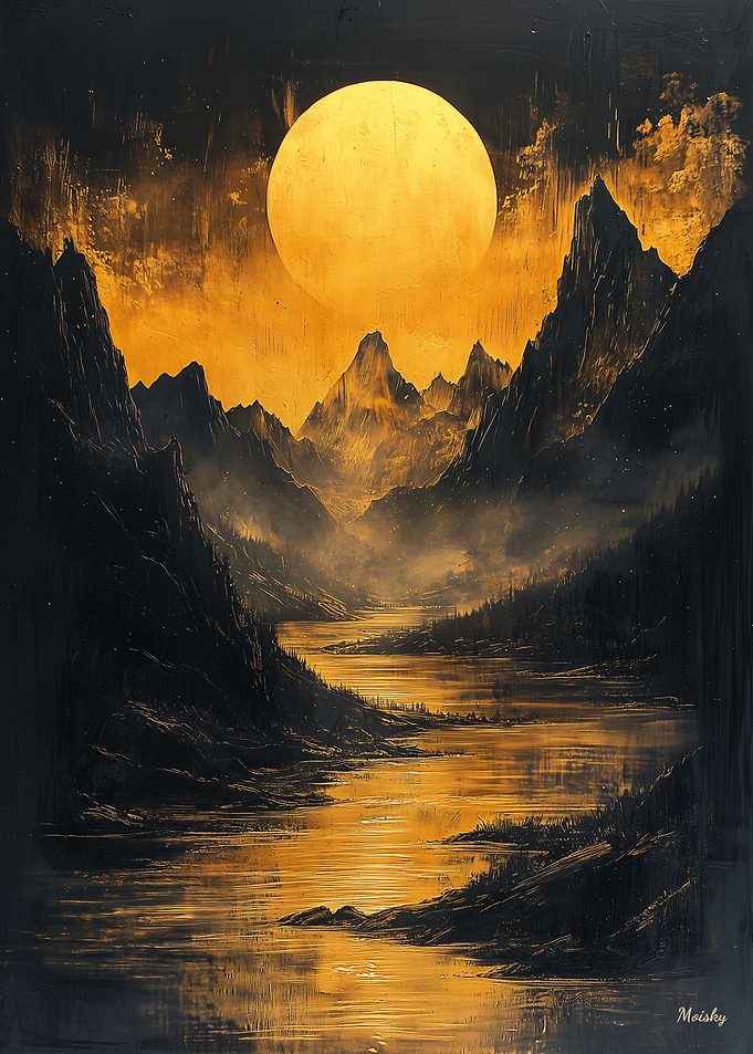 Golden Moonlit River in Monochrome Gold