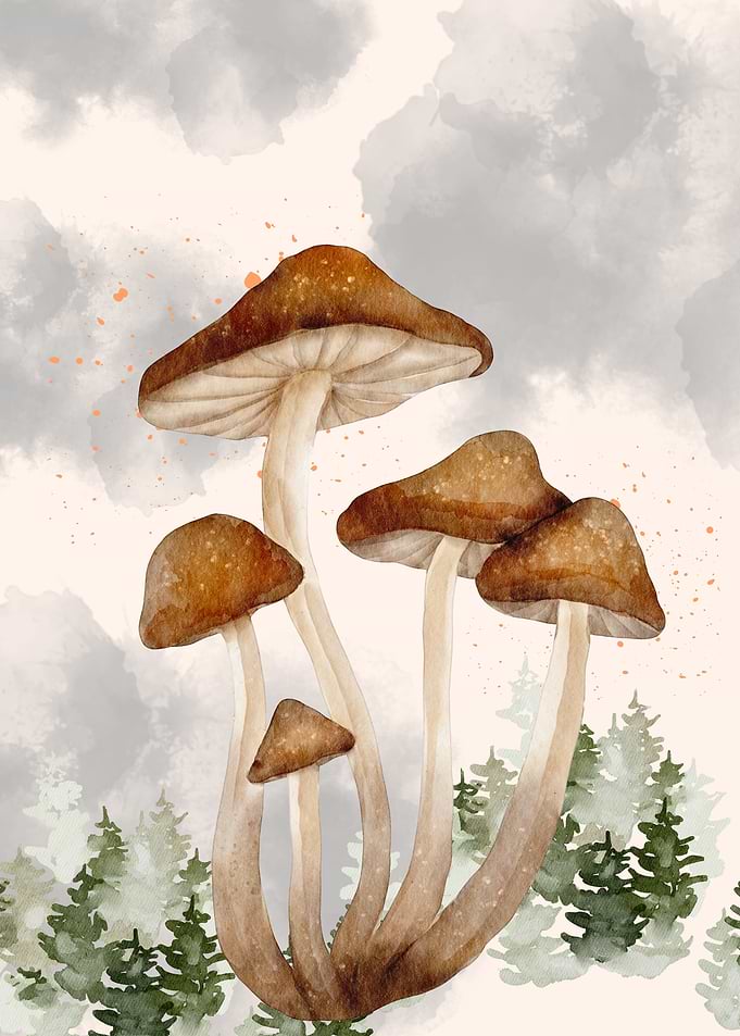 Watercolor Forest Mushrooms