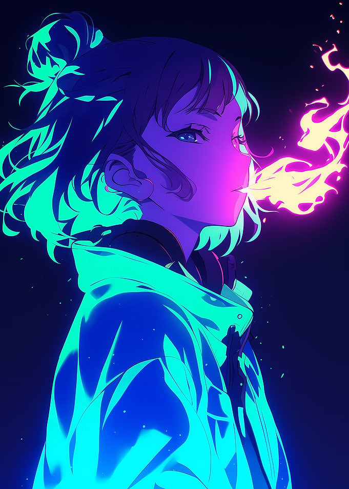 Anime Girl with Neon Flames