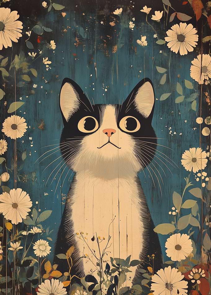 Cute Vintage Cat in Flowers