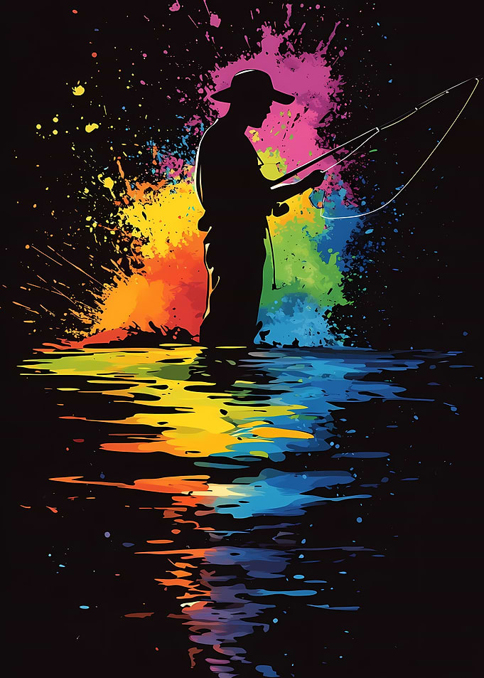 Silhouette Fisherman with Colorful Splashes