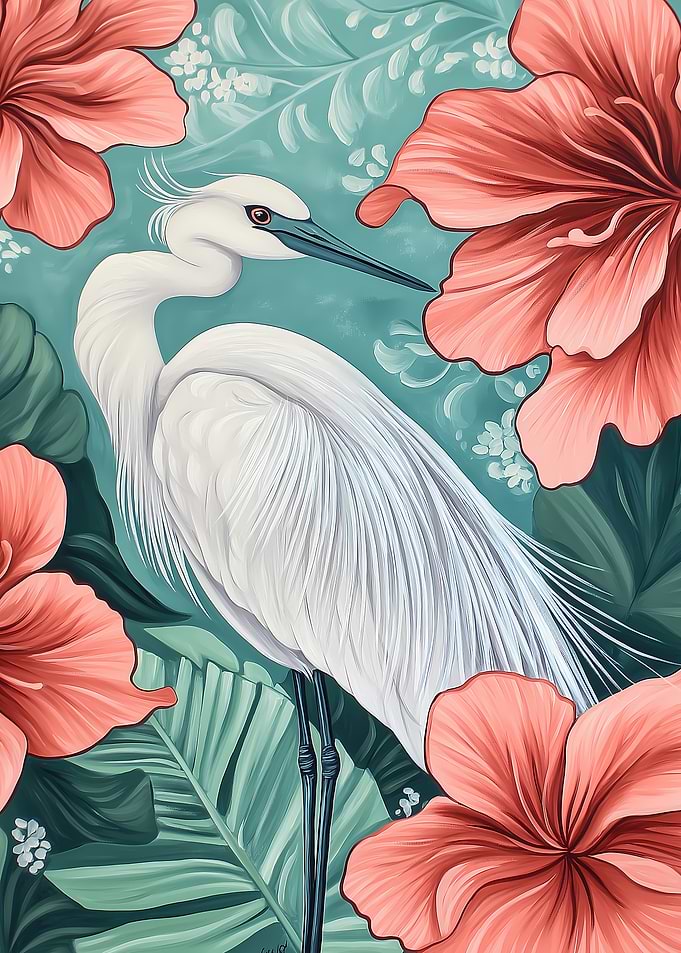 White Crane in Blooming Flowers