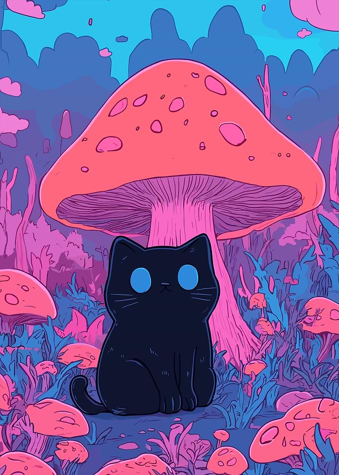 Black Cat in Mushroom Forest
