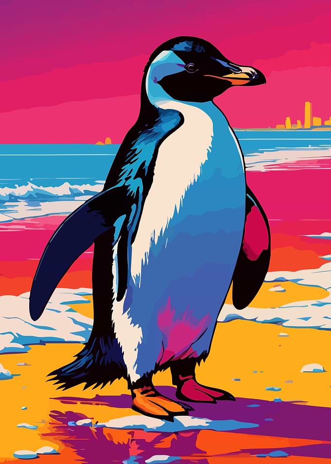 Penguin on Beach Sunset