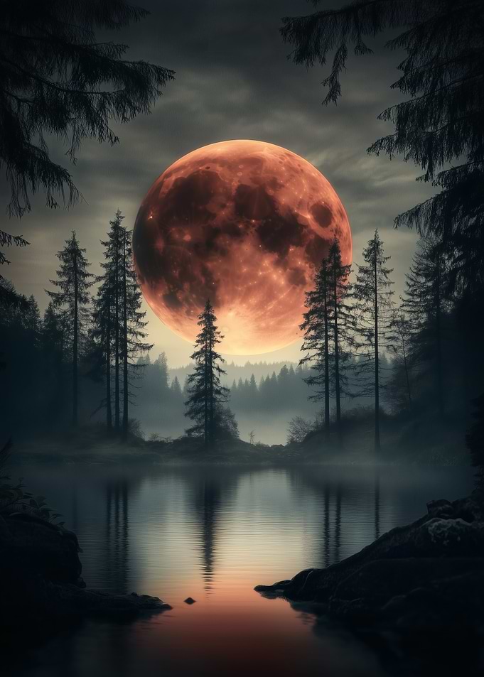 Blood Moon Over Lake