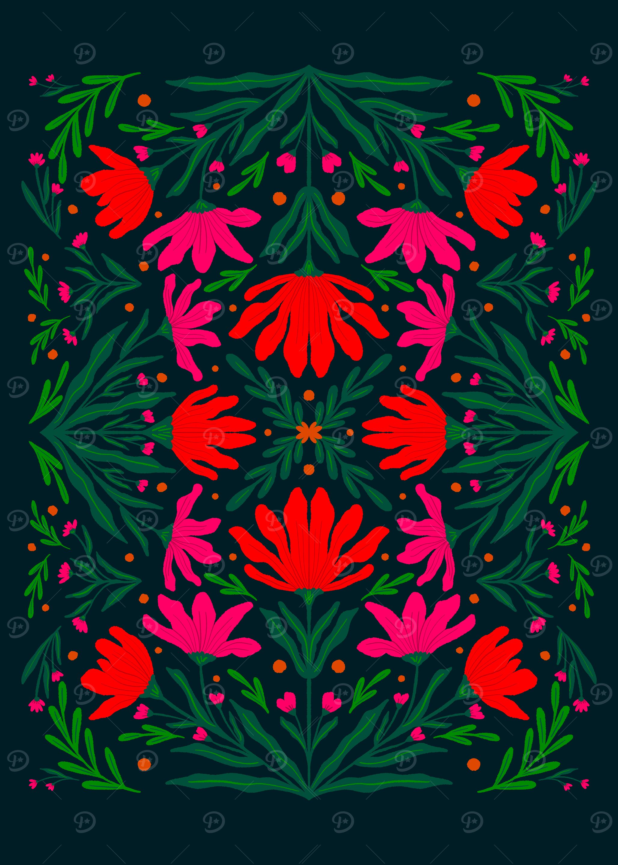 Floral Pattern with Red and Pink Flowers