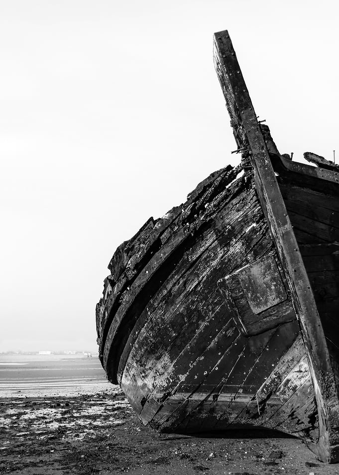 Old Traditional Tagus River Wooden Sailboat Shipwreck Beached on the Shore