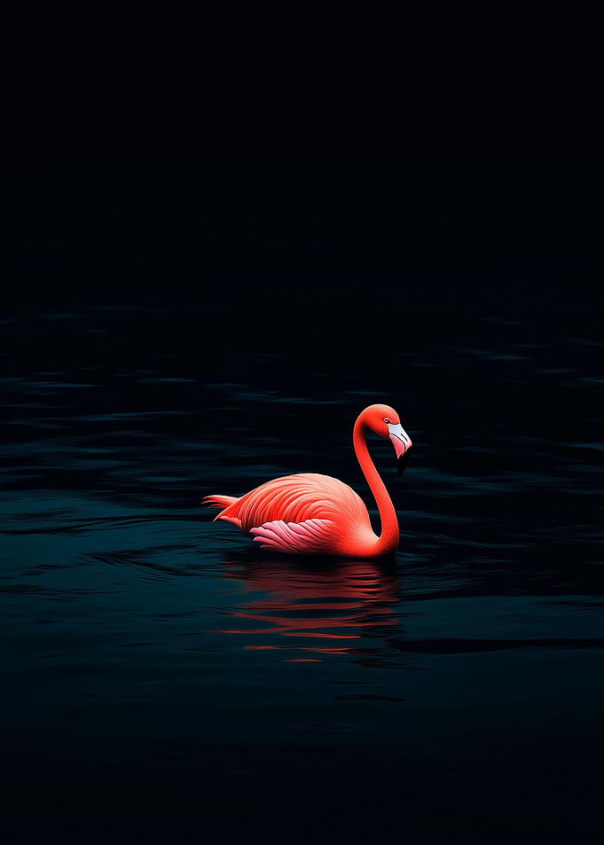Pink Flamingo in Dark Water