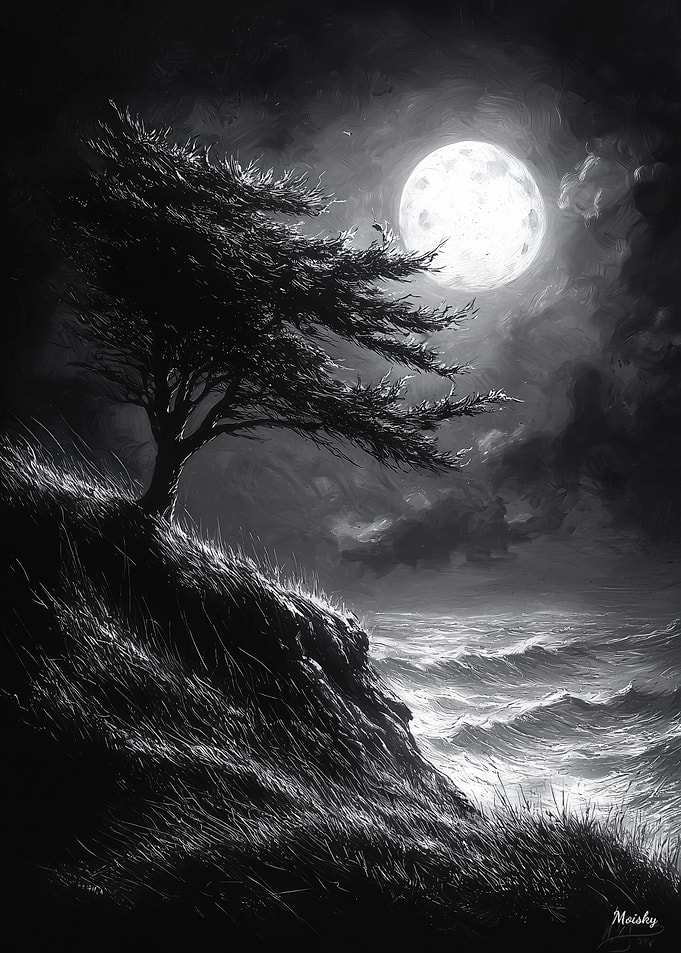 Stormy Cliff Moonlight in Monochrome Black and White