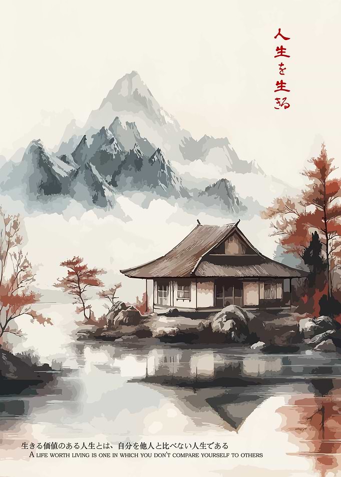 Japanese Scenery Cabin Lake Mountain