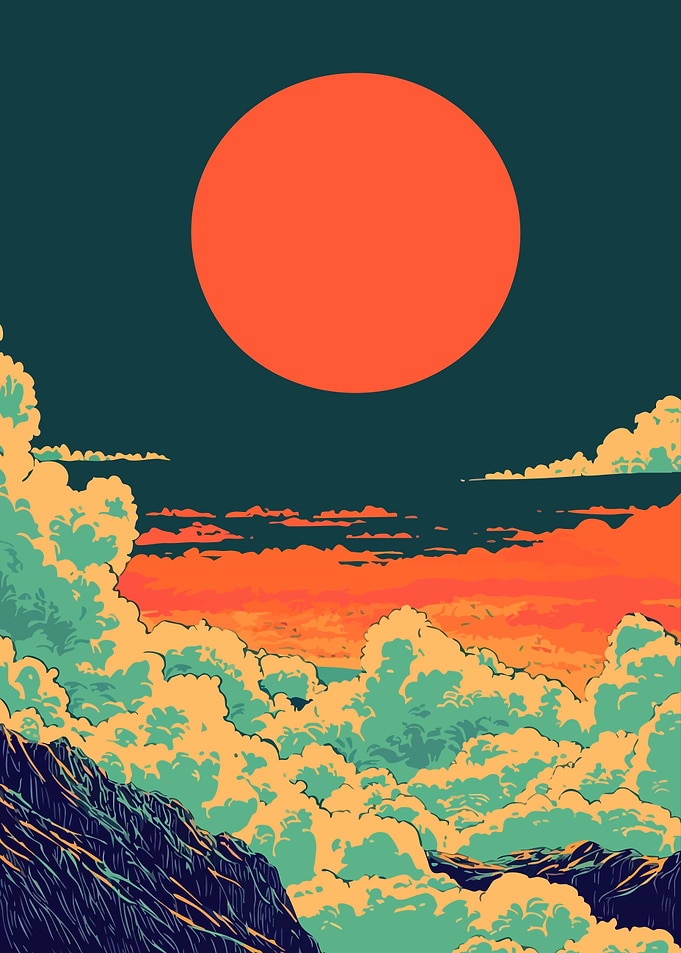 Sunset Mountains Clouds Illustration