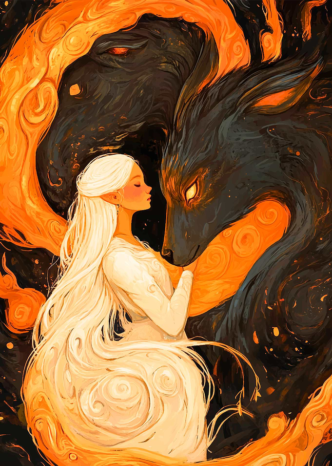 Woman and Wolf in Flames