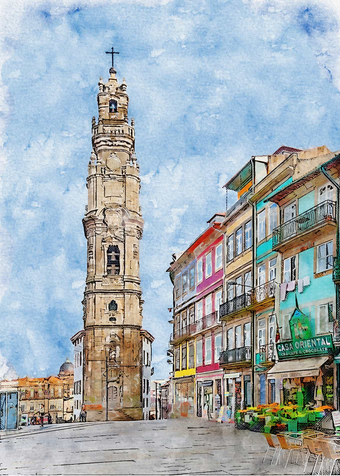 Porto, Portugal. Watercolor of Torre dos Clerigos Tower and old traditional buildings