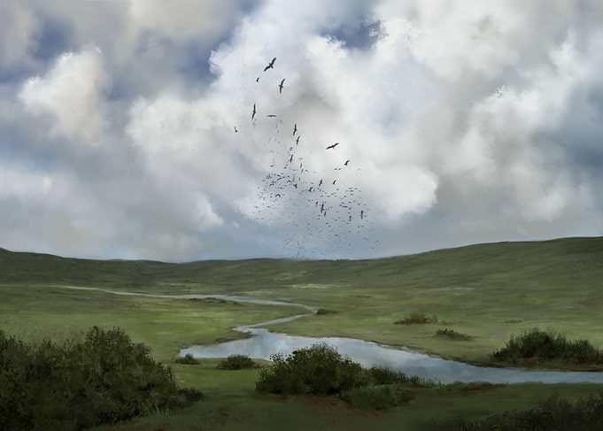 Birds Flying Over Meadow