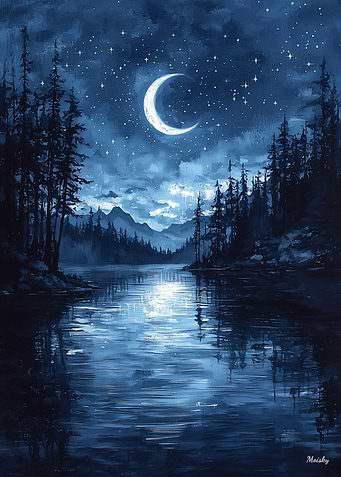 Moonlit Lake Reflection in Monochrome Blue